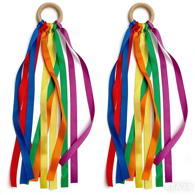 Gymnastic Ring Wood - Regenbogen-Handdrachenstäbe, Montessori-Bänder mit Holzring, Gymnastik-Tanz-Requisiten für